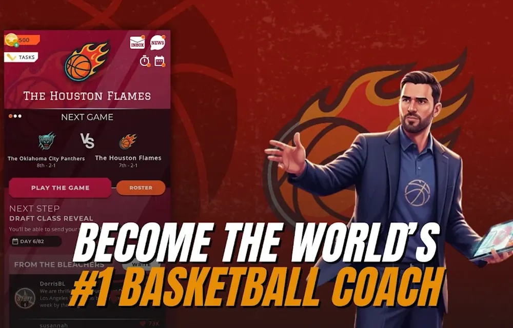 Astonishing Basketball Manager screenshot: a coaching screen with team tables and a courtside coach