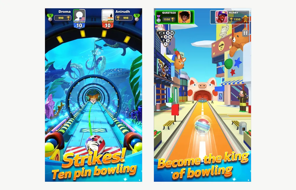 Bowling Club screenshots: a ten-pin lane in an underwater theme and a second lane in a city theme