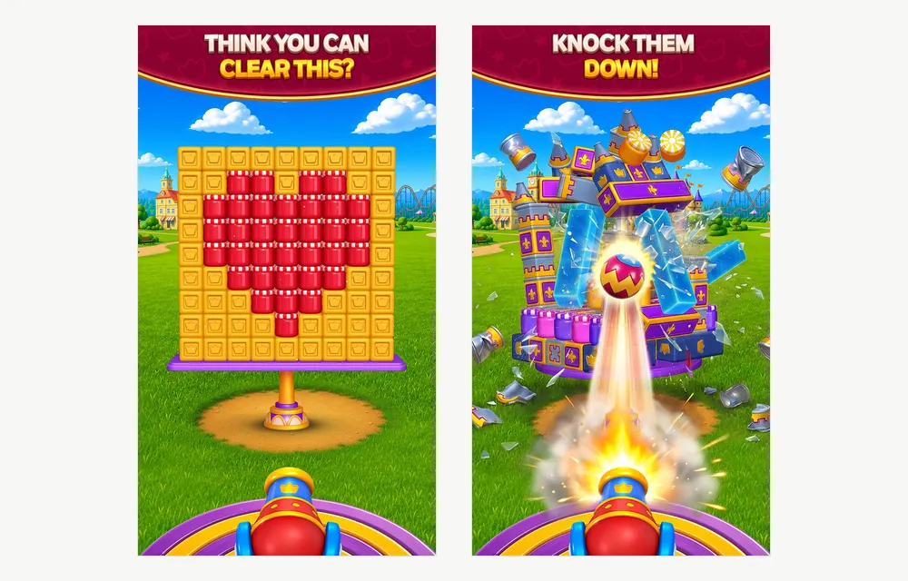 Royal Smash! - Physics Puzzle screenshots: a block tower on a green field and the same tower collapsing after a shot